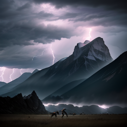 A dynamic shot of the trio locked in combat, their figures dramatically outlined against the raw fury of an approaching storm, with lightning splitting the sky above the mountains.